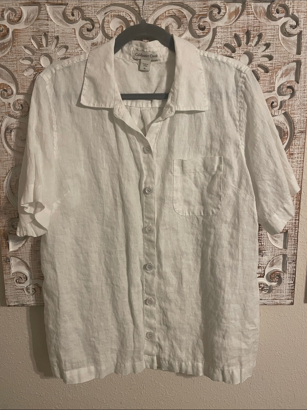 Coldwater Creek White Linen Short-Sleeve Button-Down Shirt